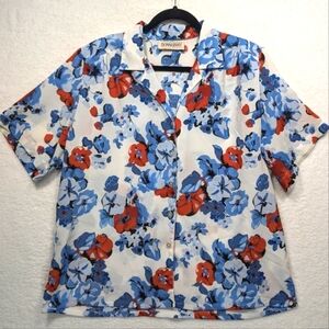 4/$80 Donnkenny Red White Blue Floral Shoulder Pad Short Sleeve Button Up Blouse